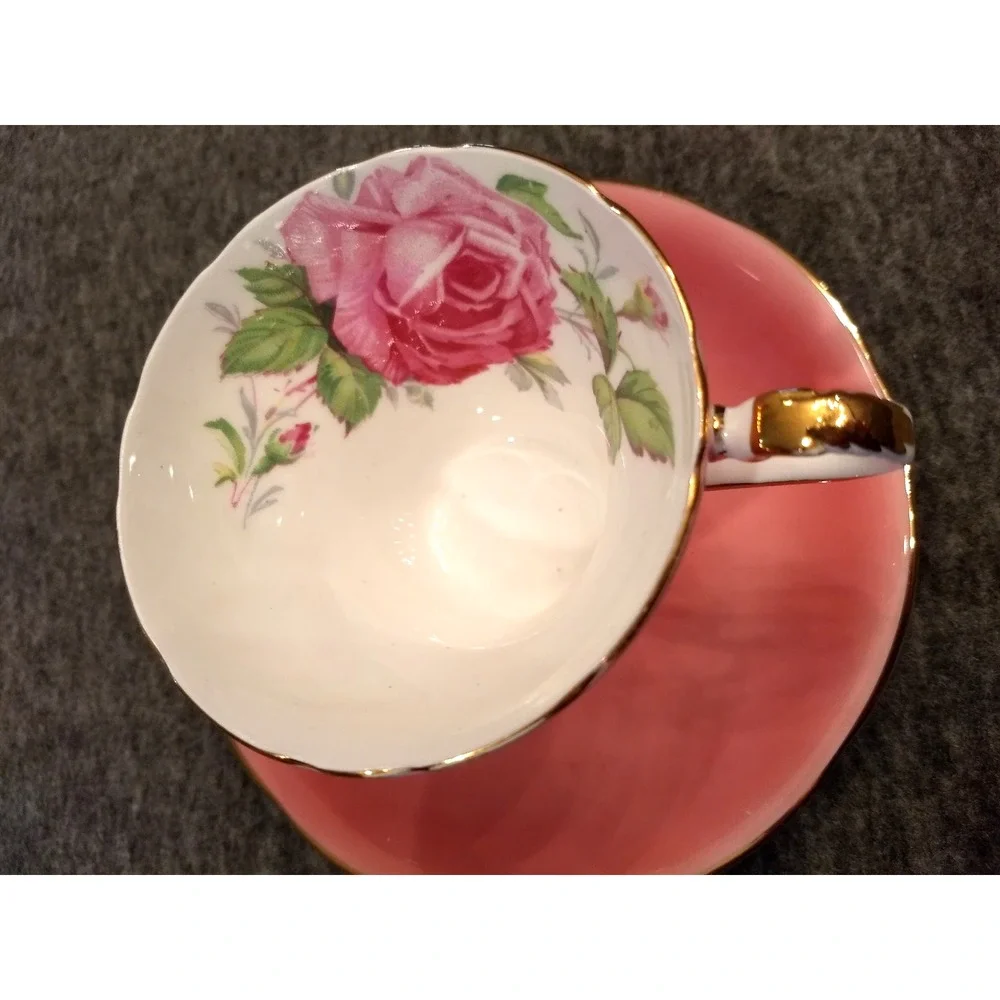 Aynsley Teacup & Saucer Pink Cabbage Rose Corset Bone China Gold Gilt‎ England